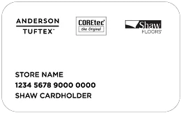 Sample credit card graphic with placeholder cardholder name and card number, showing the Anderson Tuftex, COREtec and Shaw Floors brand logos